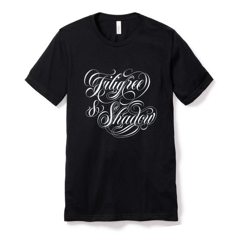 White Filigree & Shadow logo on black tee shirt, size medium